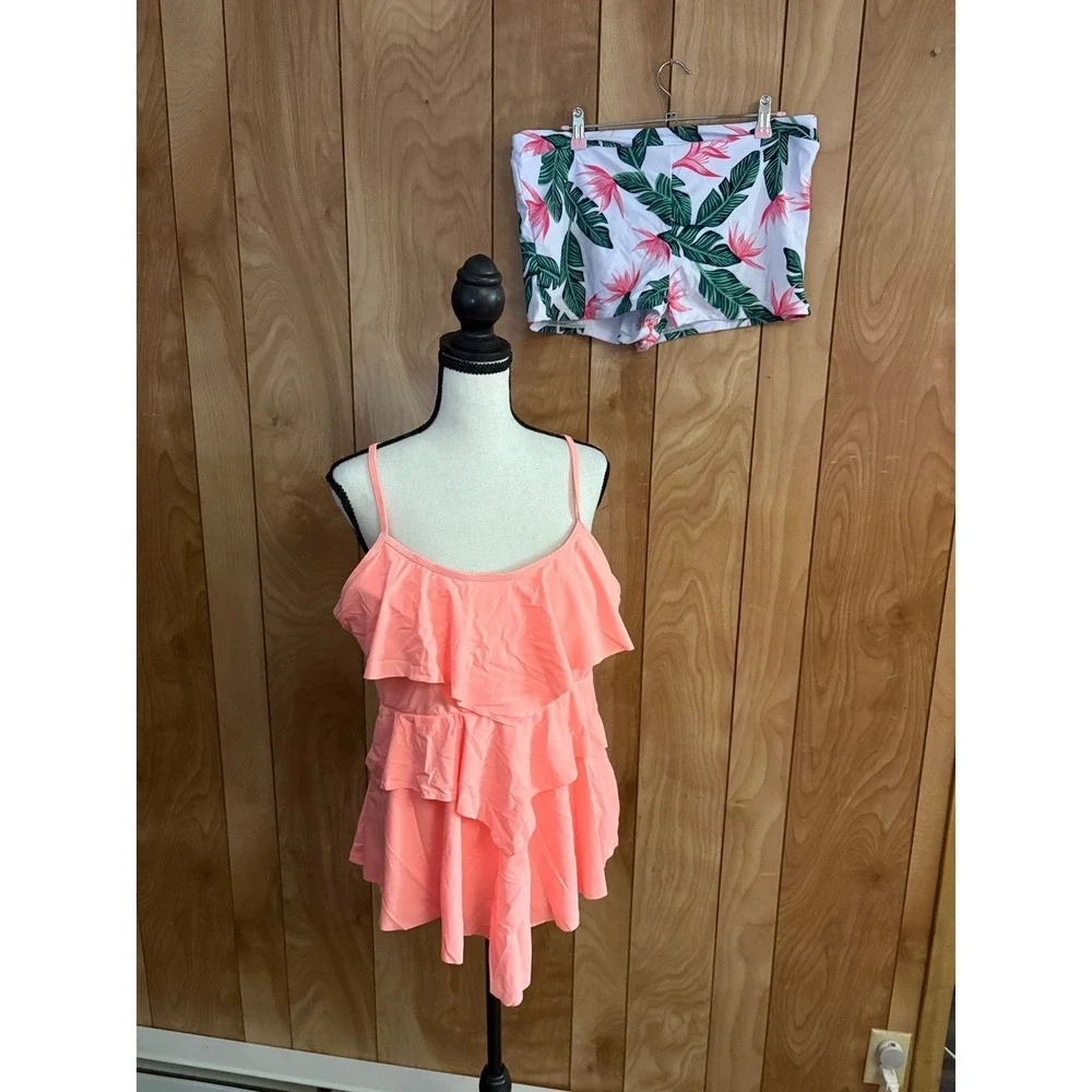 Coral Pink Ruffle Tankini Set Tropical Floral Shorts Swimsuit Plus Size 3XL